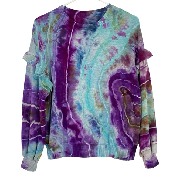 Monrow Tie Dye Sweatshirt Womens Size Medium Pullover Ruffle Purple Upcycled - Picture 1 of 12